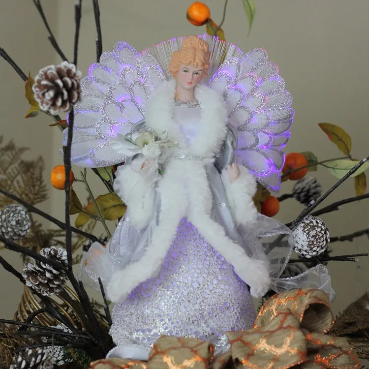 13" Gray and Silver Lighted Fiber Optic Angel In Gown Christmas Tree Topper with Multi-Color Lights