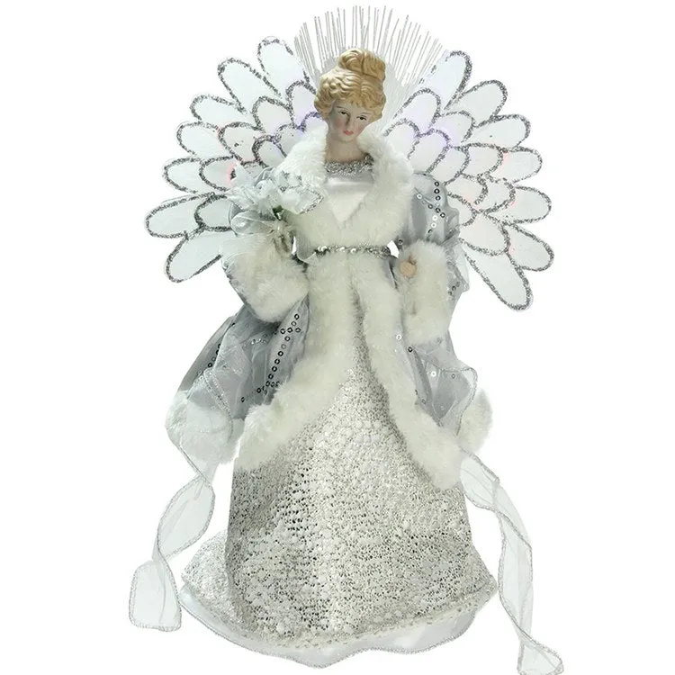13" Gray and Silver Lighted Fiber Optic Angel In Gown Christmas Tree Topper with Multi-Color Lights