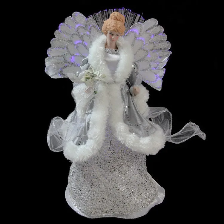 13" Gray and Silver Lighted Fiber Optic Angel In Gown Christmas Tree Topper with Multi-Color Lights