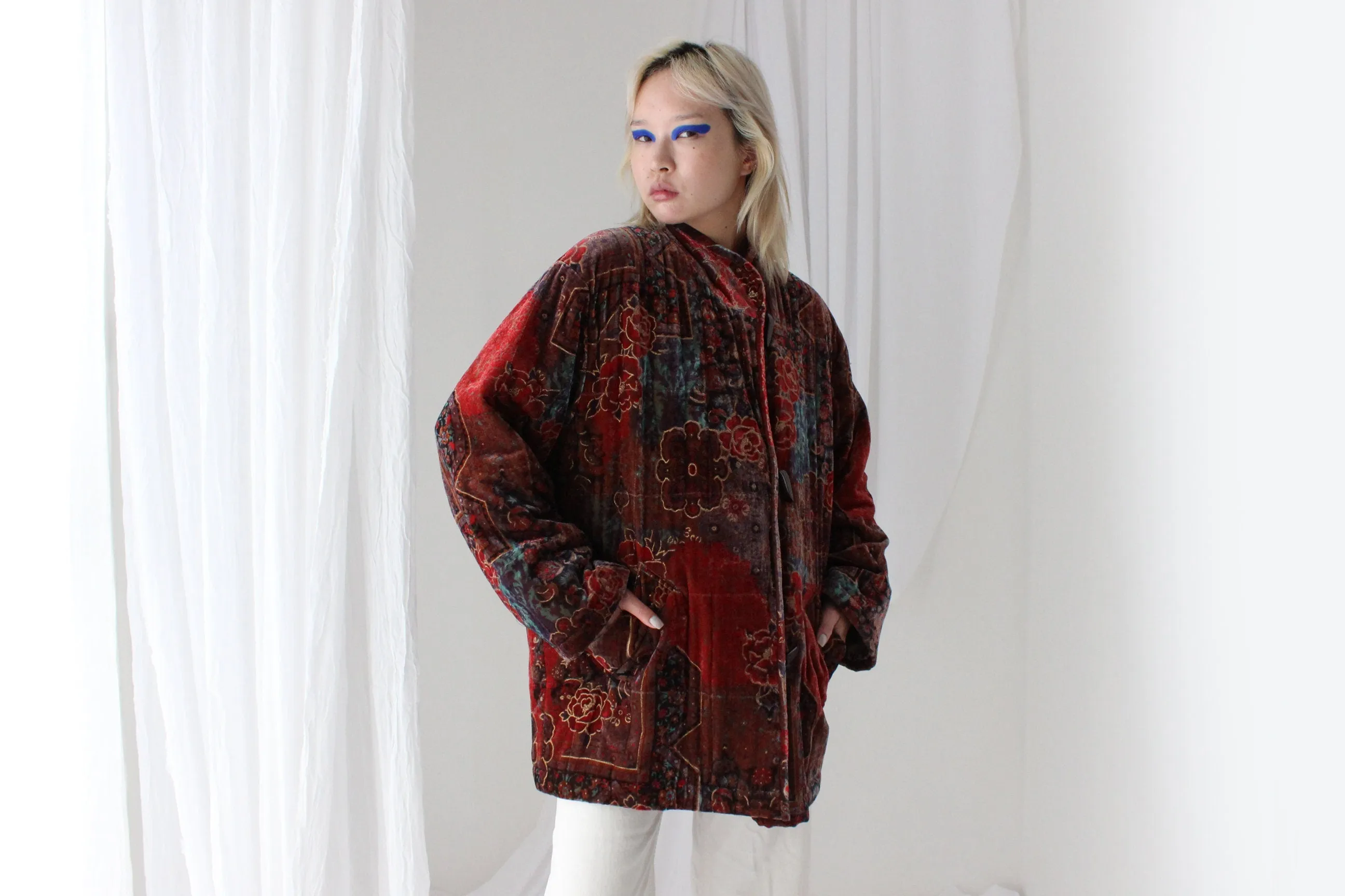80s PURE SILK VELVET Quilted Puffer Coat in Ornate Persian