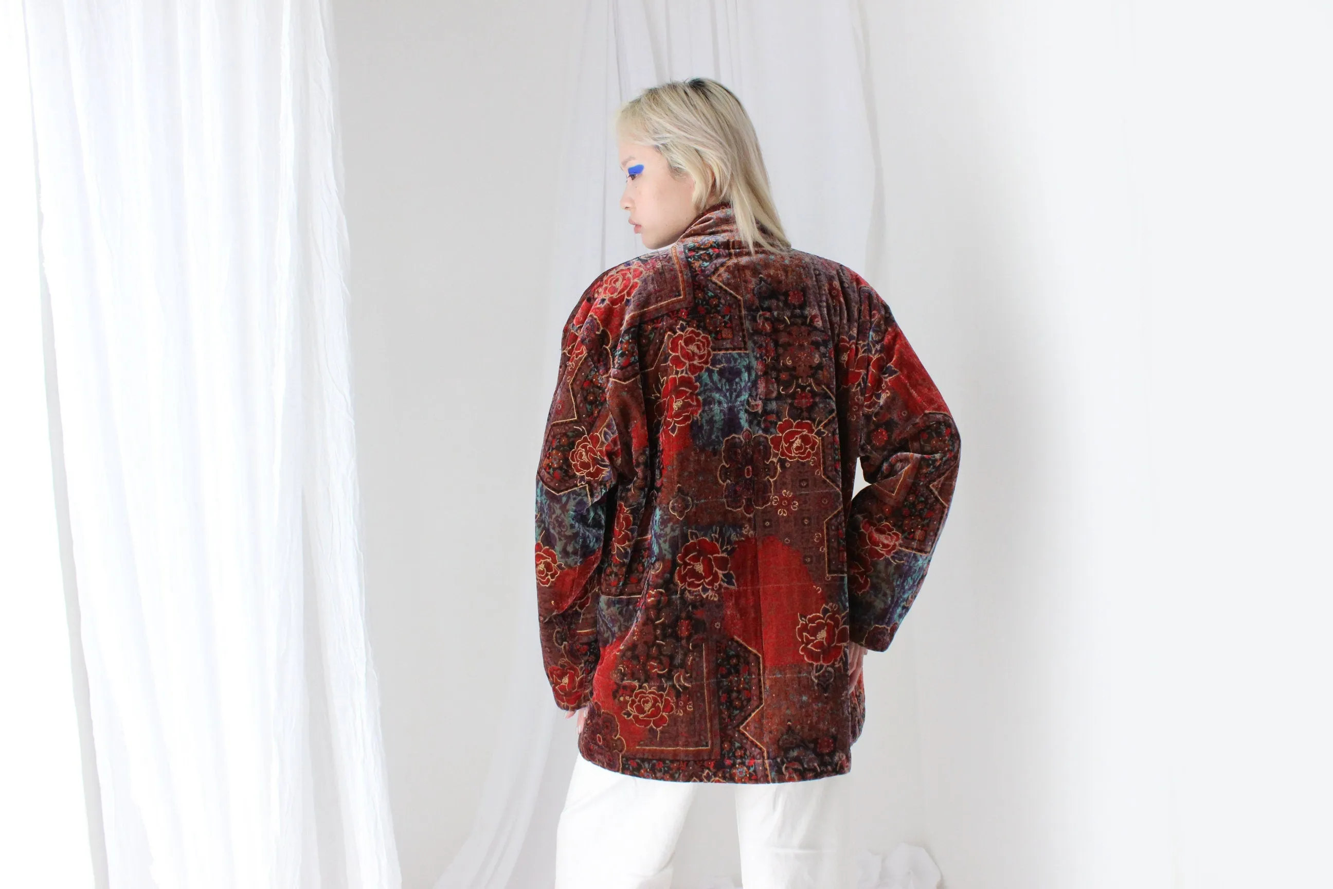 80s PURE SILK VELVET Quilted Puffer Coat in Ornate Persian