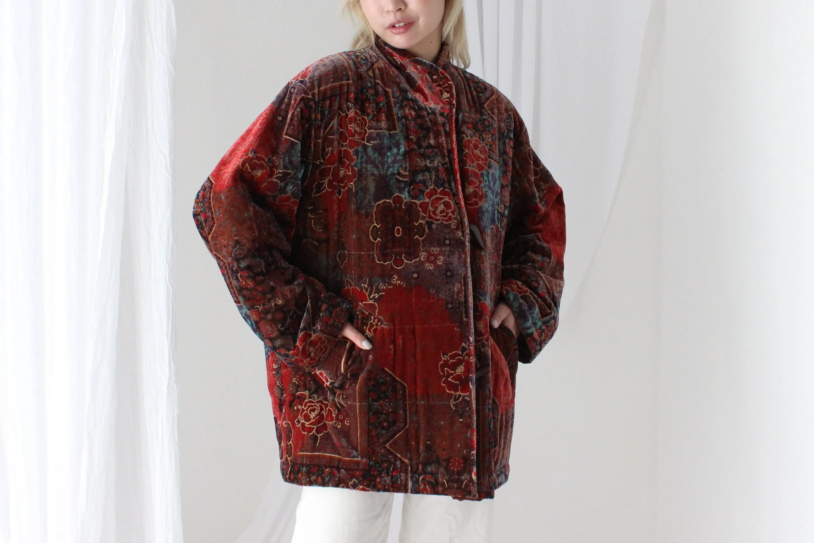 80s PURE SILK VELVET Quilted Puffer Coat in Ornate Persian