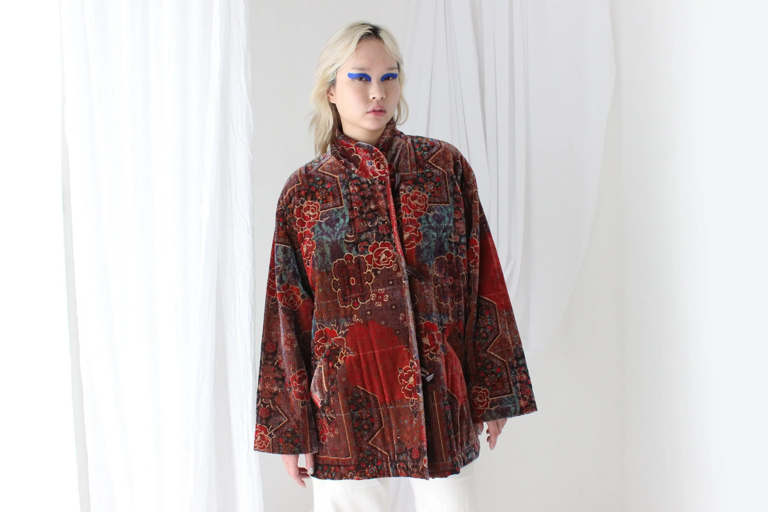 80s PURE SILK VELVET Quilted Puffer Coat in Ornate Persian