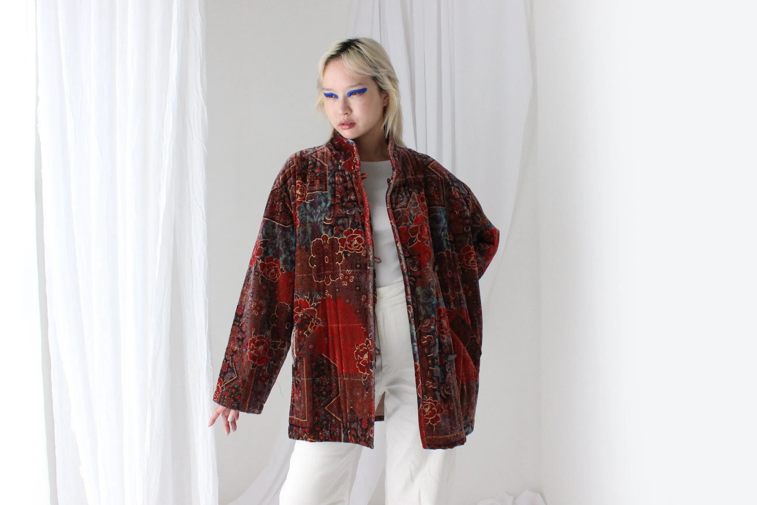 80s PURE SILK VELVET Quilted Puffer Coat in Ornate Persian