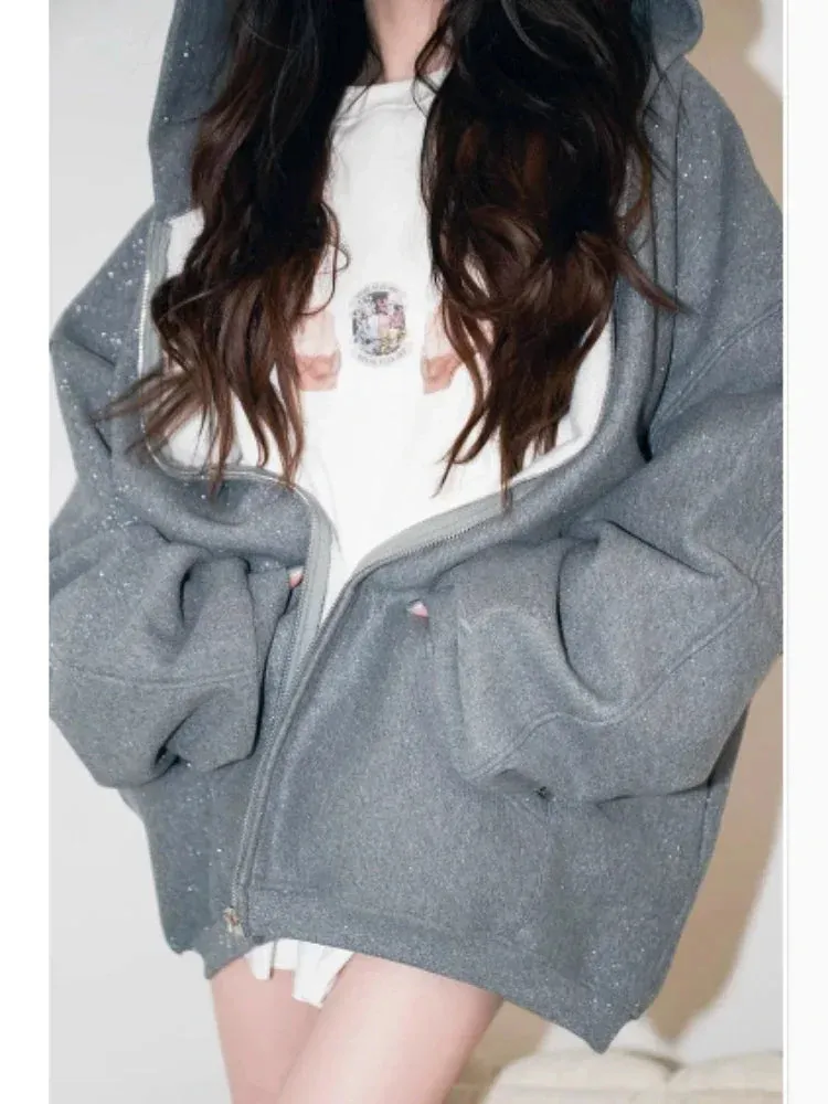 Back To School Joskaa Glitter Zip Up Hoodies Women Long Sleeve Sweatshirt with Zipper Oversized Streetwear Y2k Aesthetic Clubwear Kpop Clothes