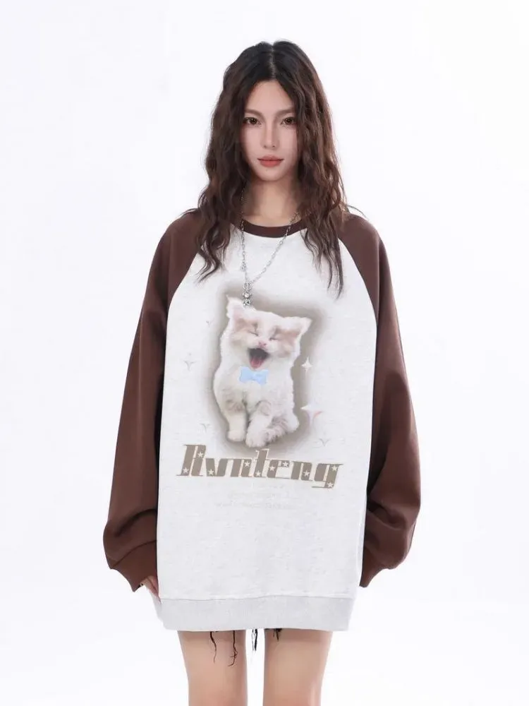 Black Friday Joskaa Kawaii Cat Print Sweatshirt Kitty Graphic Long Sleeve Tops Anime Oversized Hoodie Cutecore Autumn Winter Clothes Women