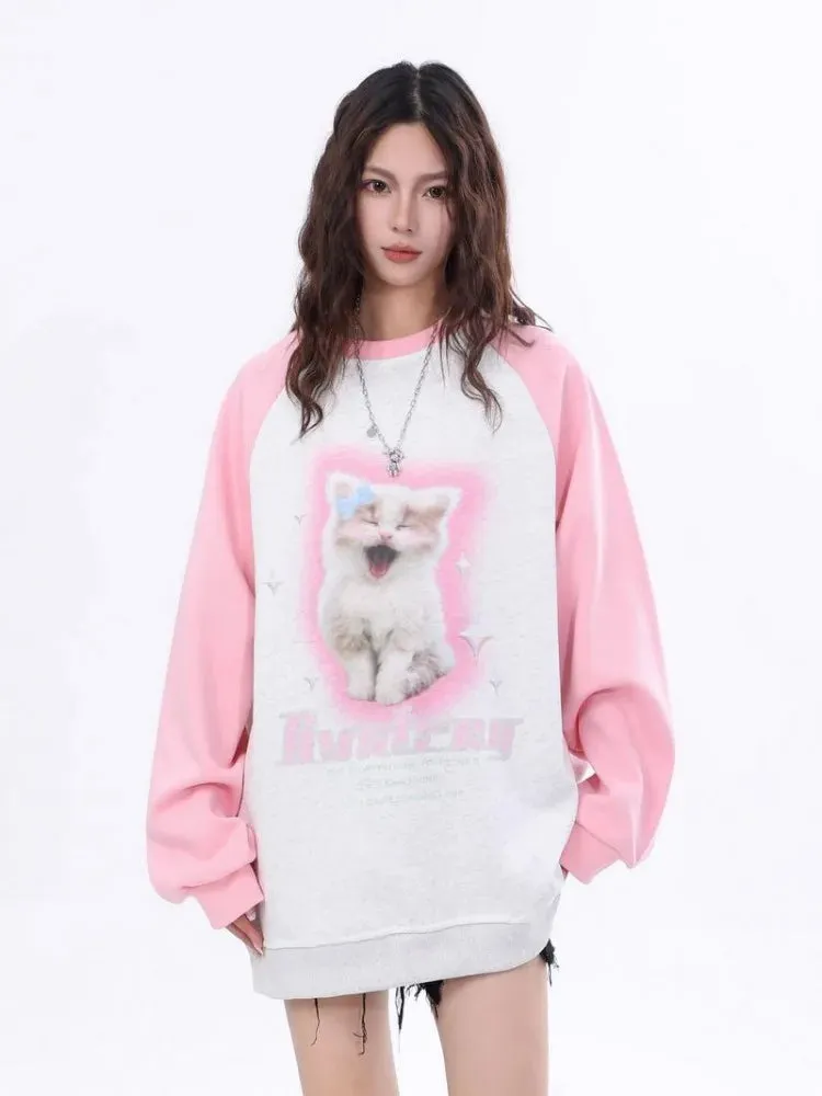 Black Friday Joskaa Kawaii Cat Print Sweatshirt Kitty Graphic Long Sleeve Tops Anime Oversized Hoodie Cutecore Autumn Winter Clothes Women
