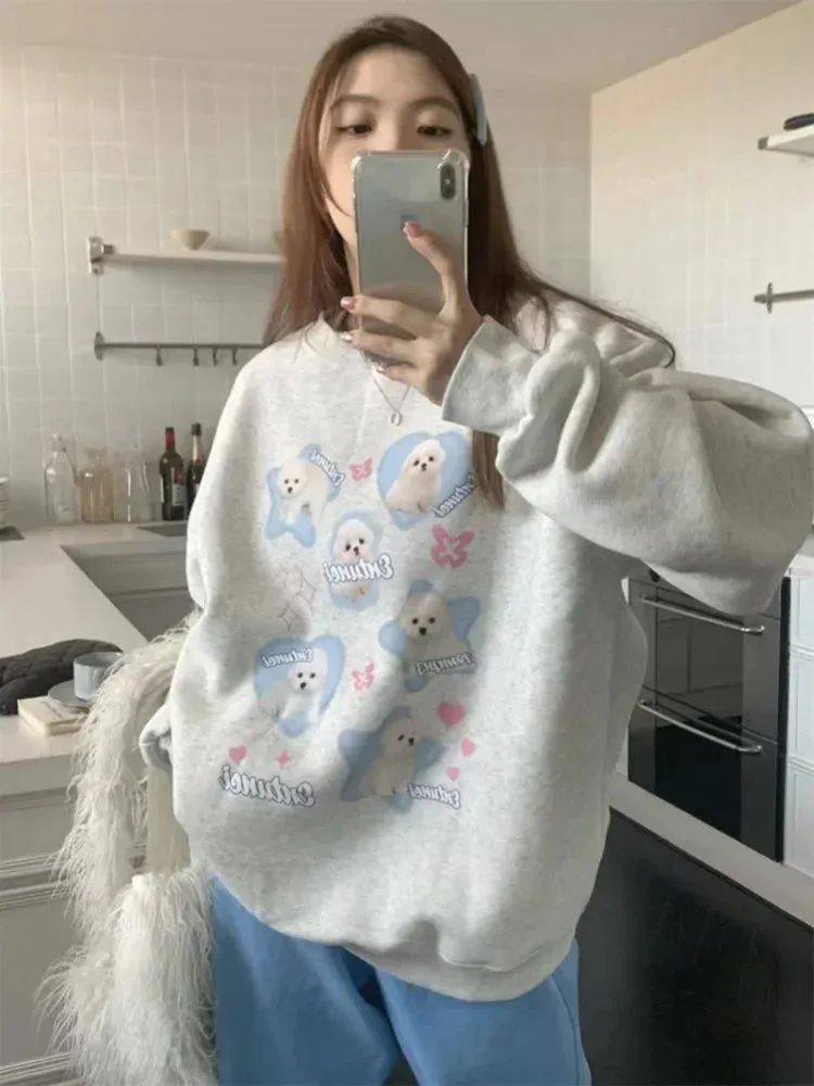Black Friday Joskaa Kawaii Dog Print Oversized Hoodie Women Cartoon Long Sleeve Sweatshirt Japan Style Harajuku Loose Gray Cutecore Clothes