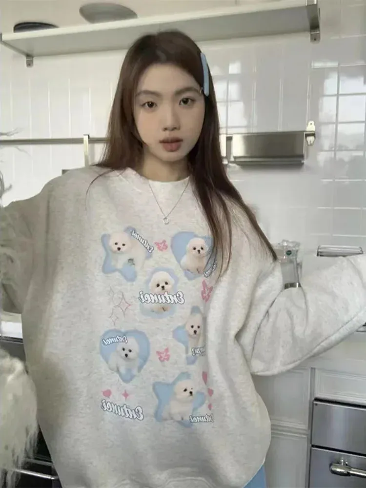 Black Friday Joskaa Kawaii Dog Print Oversized Hoodie Women Cartoon Long Sleeve Sweatshirt Japan Style Harajuku Loose Gray Cutecore Clothes