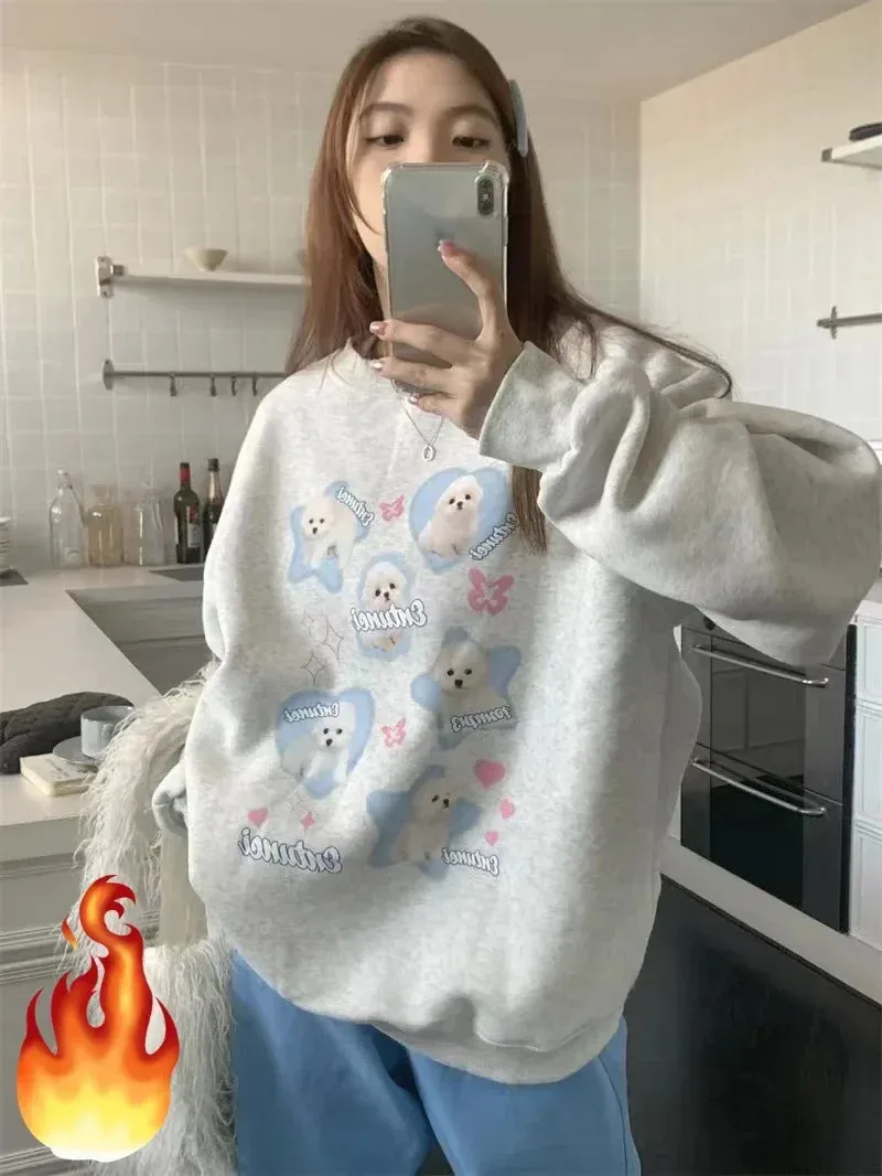 Black Friday Joskaa Kawaii Dog Print Oversized Hoodie Women Cartoon Long Sleeve Sweatshirt Japan Style Harajuku Loose Gray Cutecore Clothes