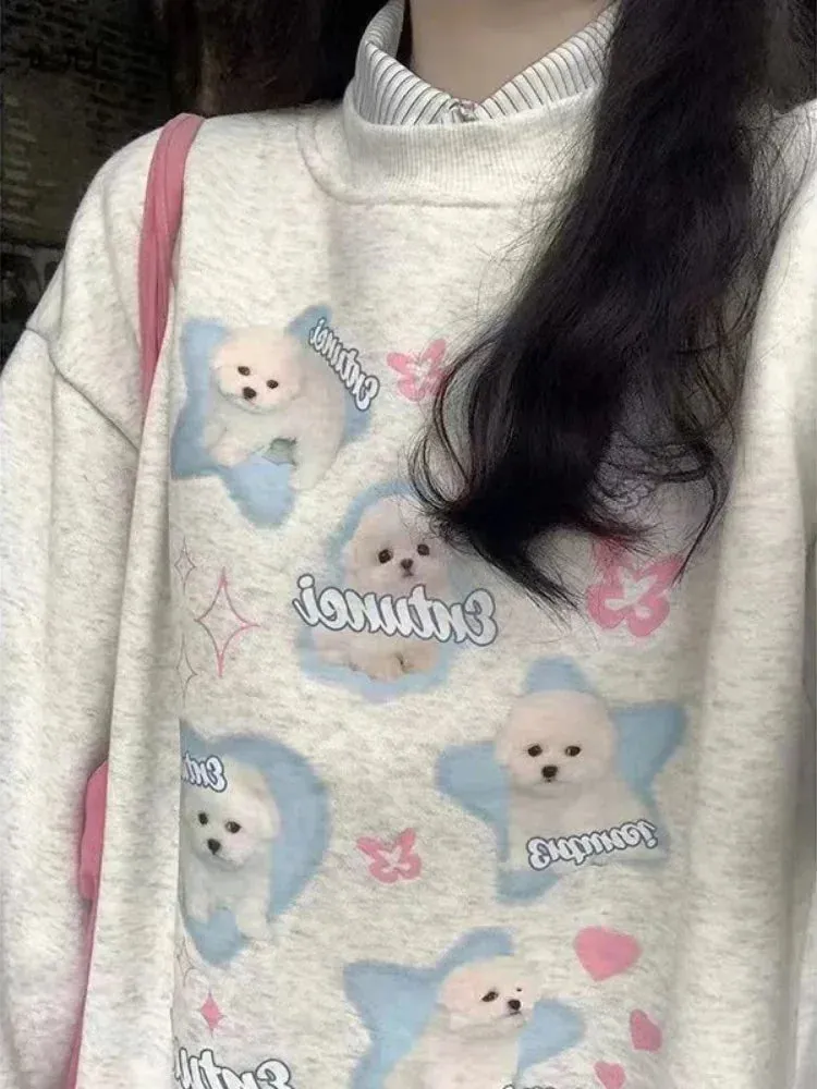 Black Friday Joskaa Kawaii Dog Print Oversized Hoodie Women Cartoon Long Sleeve Sweatshirt Japan Style Harajuku Loose Gray Cutecore Clothes