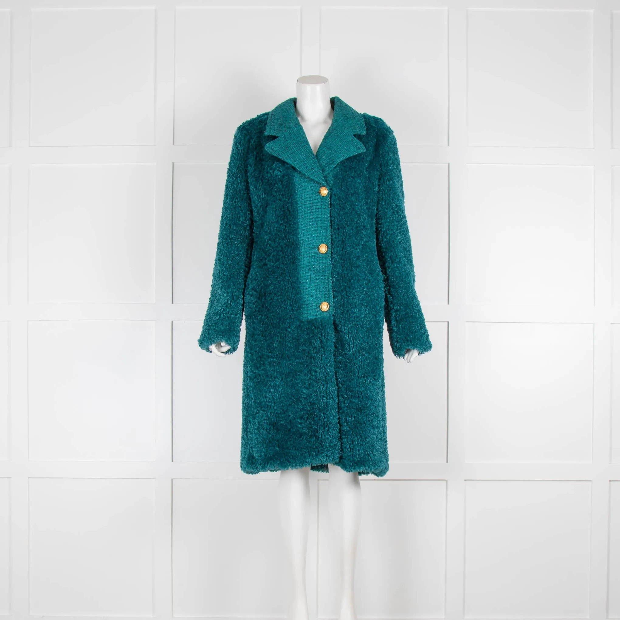 Boutique Moschino Teal Faux Fur Gold Button Coat