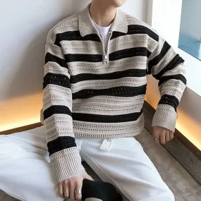 ChicMy-Fall Outfits -Men's Outfits Autumn Men's Luxury Knitted Pullover Sweater Korean Patchwork  Zipper Lapel Long Sleeve Casual Streetwear Loose Polo Knitwear