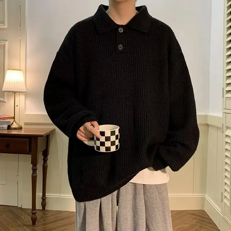 ChicMy-Fall Outfits -Men's Outfits Men's Luxury Knitted Pullover Sweater Casual Korean Stretch Button Solid Color Long Sleeve Polo Collar Autumn Clothing 2024 New