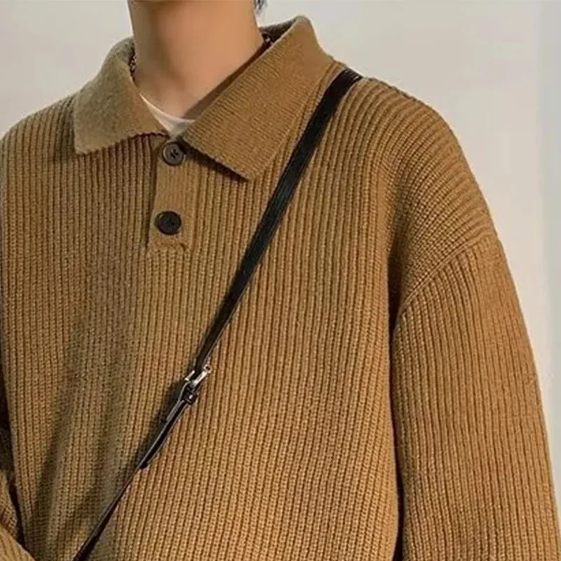ChicMy-Fall Outfits -Men's Outfits Men's Luxury Knitted Pullover Sweater Casual Korean Stretch Button Solid Color Long Sleeve Polo Collar Autumn Clothing 2024 New