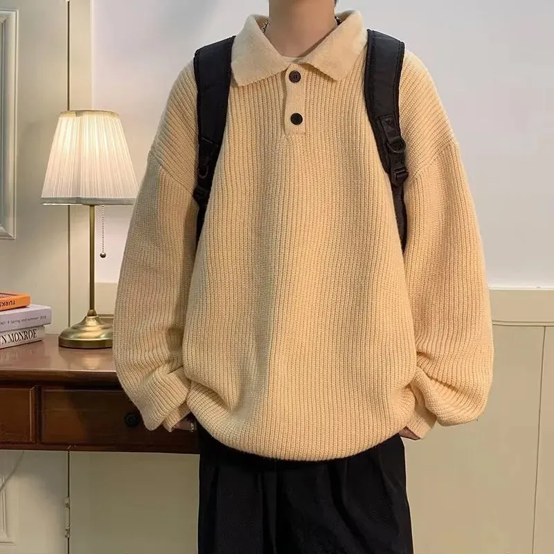 ChicMy-Fall Outfits -Men's Outfits Men's Luxury Knitted Pullover Sweater Casual Korean Stretch Button Solid Color Long Sleeve Polo Collar Autumn Clothing 2024 New