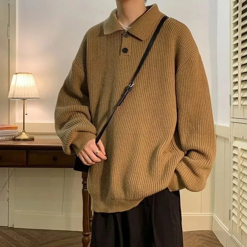 ChicMy-Fall Outfits -Men's Outfits Men's Luxury Knitted Pullover Sweater Casual Korean Stretch Button Solid Color Long Sleeve Polo Collar Autumn Clothing 2024 New