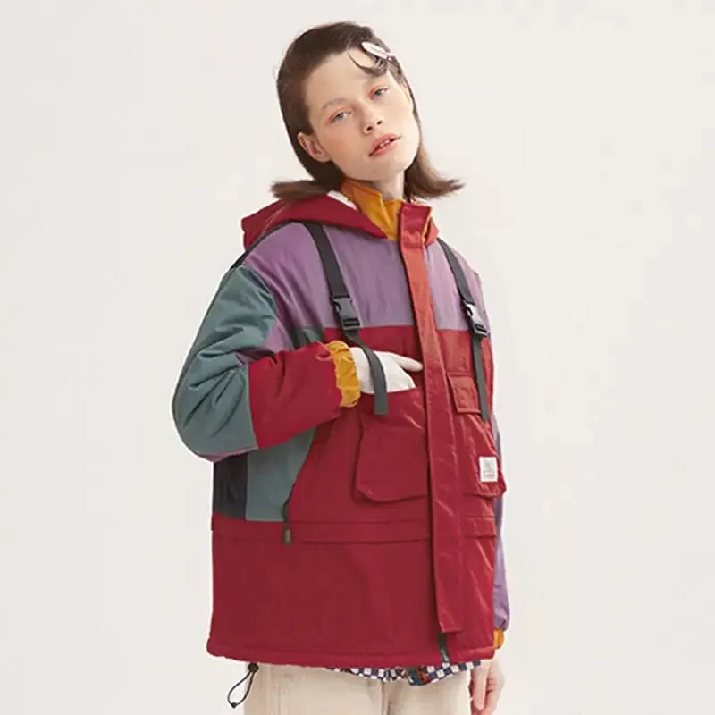 Color Block Loose Patched Pocket Thick Coat