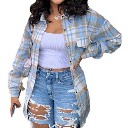 Girlary-shop outfit inspo Fall 2024 Women's Woolen Lapel Button Plaid Pocket Long-Sleeved Coat for Women