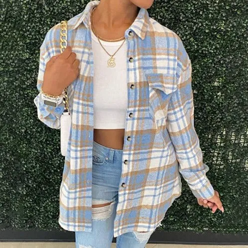 Girlary-shop outfit inspo Fall 2024 Women's Woolen Lapel Button Plaid Pocket Long-Sleeved Coat for Women