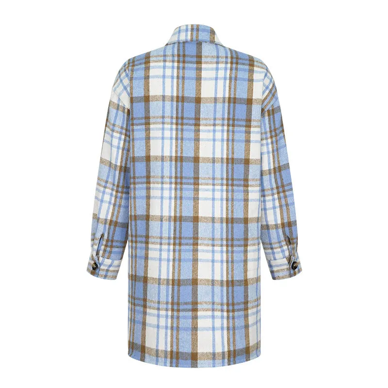 Girlary-shop outfit inspo Fall 2024 Women's Woolen Lapel Button Plaid Pocket Long-Sleeved Coat for Women