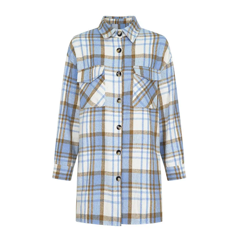 Girlary-shop outfit inspo Fall 2024 Women's Woolen Lapel Button Plaid Pocket Long-Sleeved Coat for Women