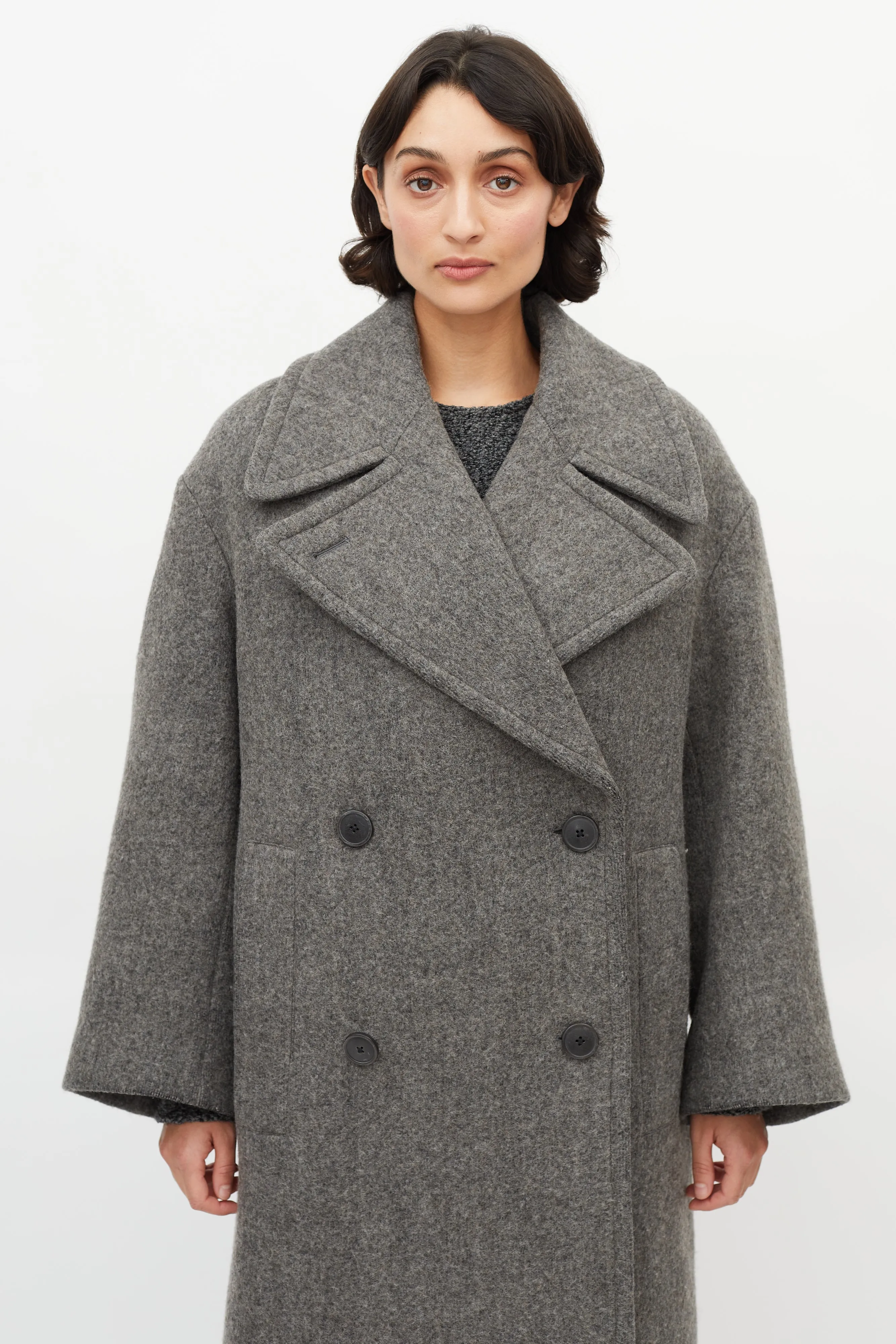 Grey Oversized Wool Double Breasted Coat