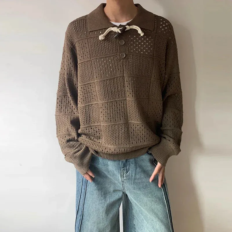 Jinquedai Men's Luxury Hollow Out Polo Shirt Leisure Retro Knit Pullover Sweater Long Sleeve Solid Color Texture Japanese Popular Knitwear