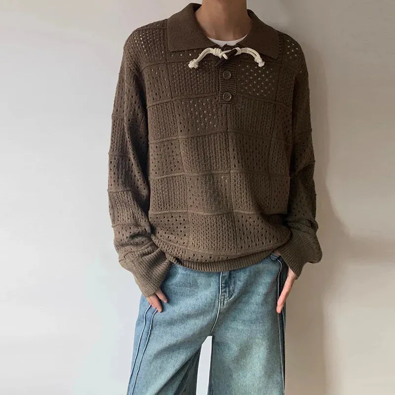 Jinquedai Men's Luxury Hollow Out Polo Shirt Leisure Retro Knit Pullover Sweater Long Sleeve Solid Color Texture Japanese Popular Knitwear