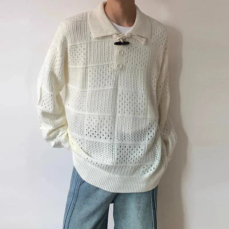 Jinquedai Men's Luxury Hollow Out Polo Shirt Leisure Retro Knit Pullover Sweater Long Sleeve Solid Color Texture Japanese Popular Knitwear