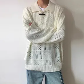 Jinquedai Men's Luxury Hollow Out Polo Shirt Leisure Retro Knit Pullover Sweater Long Sleeve Solid Color Texture Japanese Popular Knitwear