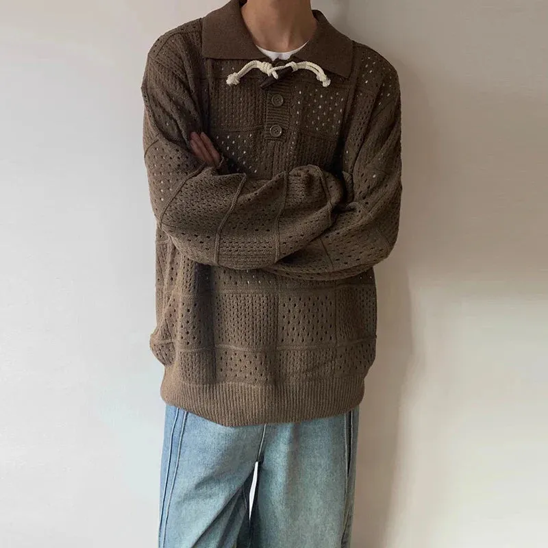 Jinquedai Men's Luxury Hollow Out Polo Shirt Leisure Retro Knit Pullover Sweater Long Sleeve Solid Color Texture Japanese Popular Knitwear