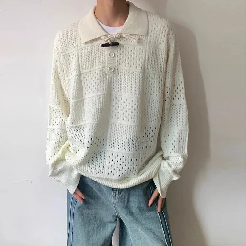 Jinquedai Men's Luxury Hollow Out Polo Shirt Leisure Retro Knit Pullover Sweater Long Sleeve Solid Color Texture Japanese Popular Knitwear