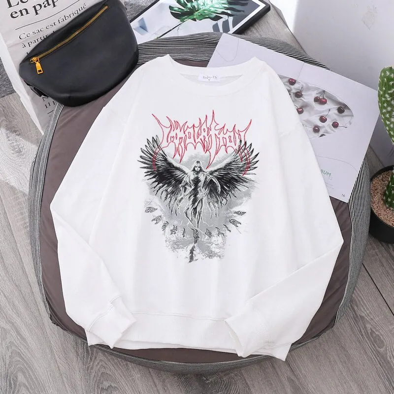 Jinquedai Vintage Angel Gothic Ladies Hoodie Punk Harajuku Winter Print Top Dark Aesthetic Fairy Death Rock Style Y2K Sweatshirt
