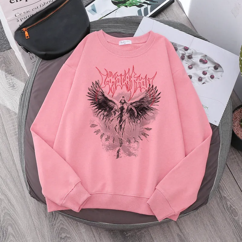 Jinquedai Vintage Angel Gothic Ladies Hoodie Punk Harajuku Winter Print Top Dark Aesthetic Fairy Death Rock Style Y2K Sweatshirt