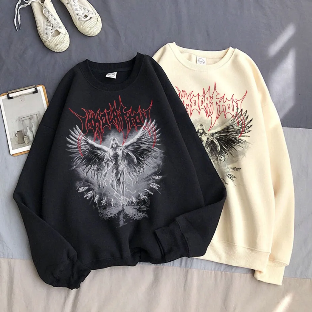 Jinquedai Vintage Angel Gothic Ladies Hoodie Punk Harajuku Winter Print Top Dark Aesthetic Fairy Death Rock Style Y2K Sweatshirt