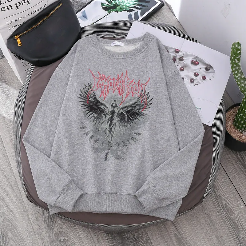 Jinquedai Vintage Angel Gothic Ladies Hoodie Punk Harajuku Winter Print Top Dark Aesthetic Fairy Death Rock Style Y2K Sweatshirt