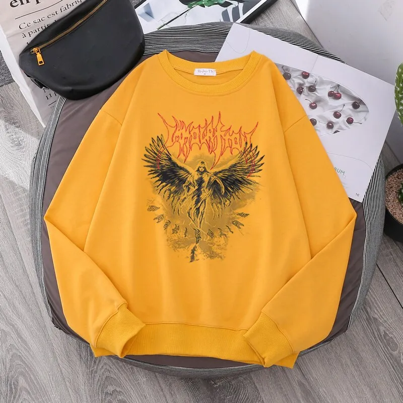 Jinquedai Vintage Angel Gothic Ladies Hoodie Punk Harajuku Winter Print Top Dark Aesthetic Fairy Death Rock Style Y2K Sweatshirt