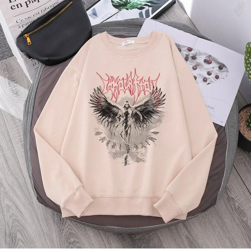 Jinquedai Vintage Angel Gothic Ladies Hoodie Punk Harajuku Winter Print Top Dark Aesthetic Fairy Death Rock Style Y2K Sweatshirt