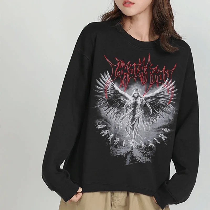 Jinquedai Vintage Angel Gothic Ladies Hoodie Punk Harajuku Winter Print Top Dark Aesthetic Fairy Death Rock Style Y2K Sweatshirt