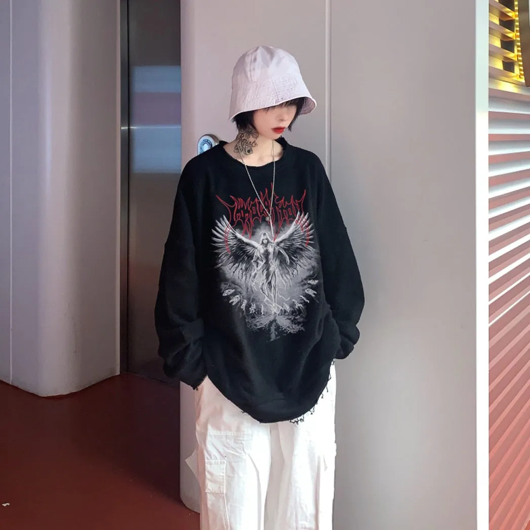 Jinquedai Vintage Angel Gothic Ladies Hoodie Punk Harajuku Winter Print Top Dark Aesthetic Fairy Death Rock Style Y2K Sweatshirt