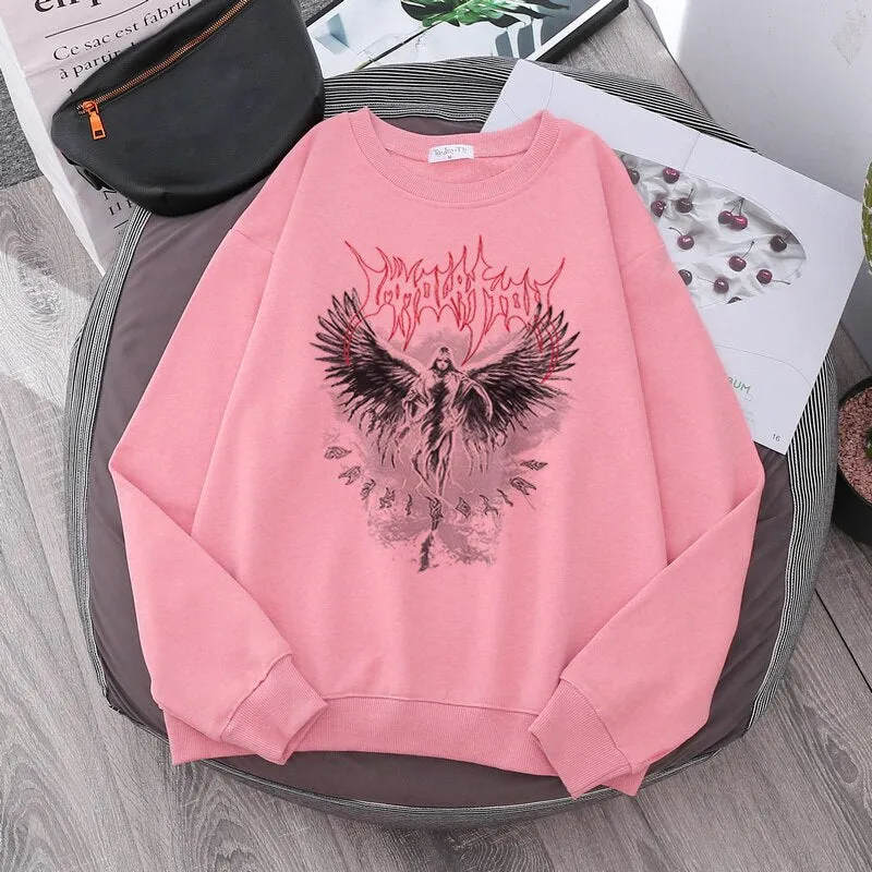 Jinquedai Vintage Angel Gothic Ladies Hoodie Punk Harajuku Winter Print Top Dark Aesthetic Fairy Death Rock Style Y2K Sweatshirt