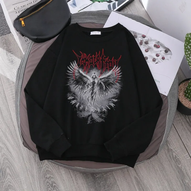 Jinquedai Vintage Angel Gothic Ladies Hoodie Punk Harajuku Winter Print Top Dark Aesthetic Fairy Death Rock Style Y2K Sweatshirt