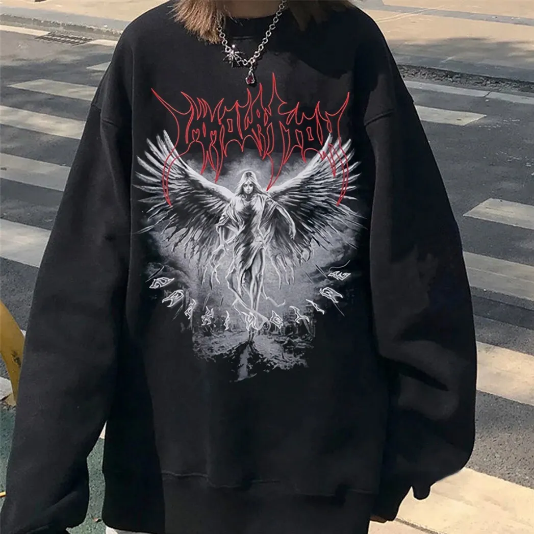Jinquedai Vintage Angel Gothic Ladies Hoodie Punk Harajuku Winter Print Top Dark Aesthetic Fairy Death Rock Style Y2K Sweatshirt