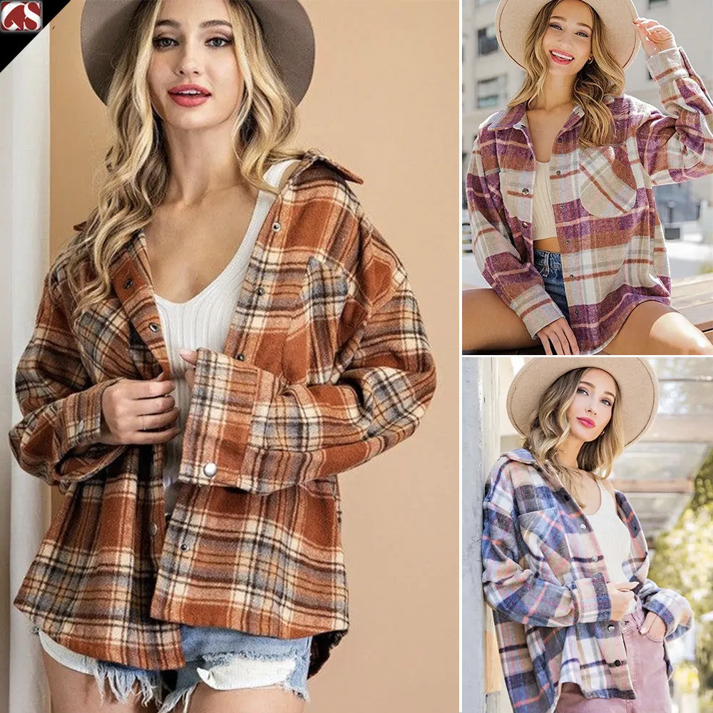 Joskaa outfit inspo fall plus Size Women's Autumn and Winter New Plaid Coat Casual Loose Lapel Woolen Coat