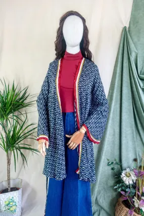 Karina Kimono Jacket - Vintage Sari - Midnight Chevron & Red Paisley - Free Size S/M