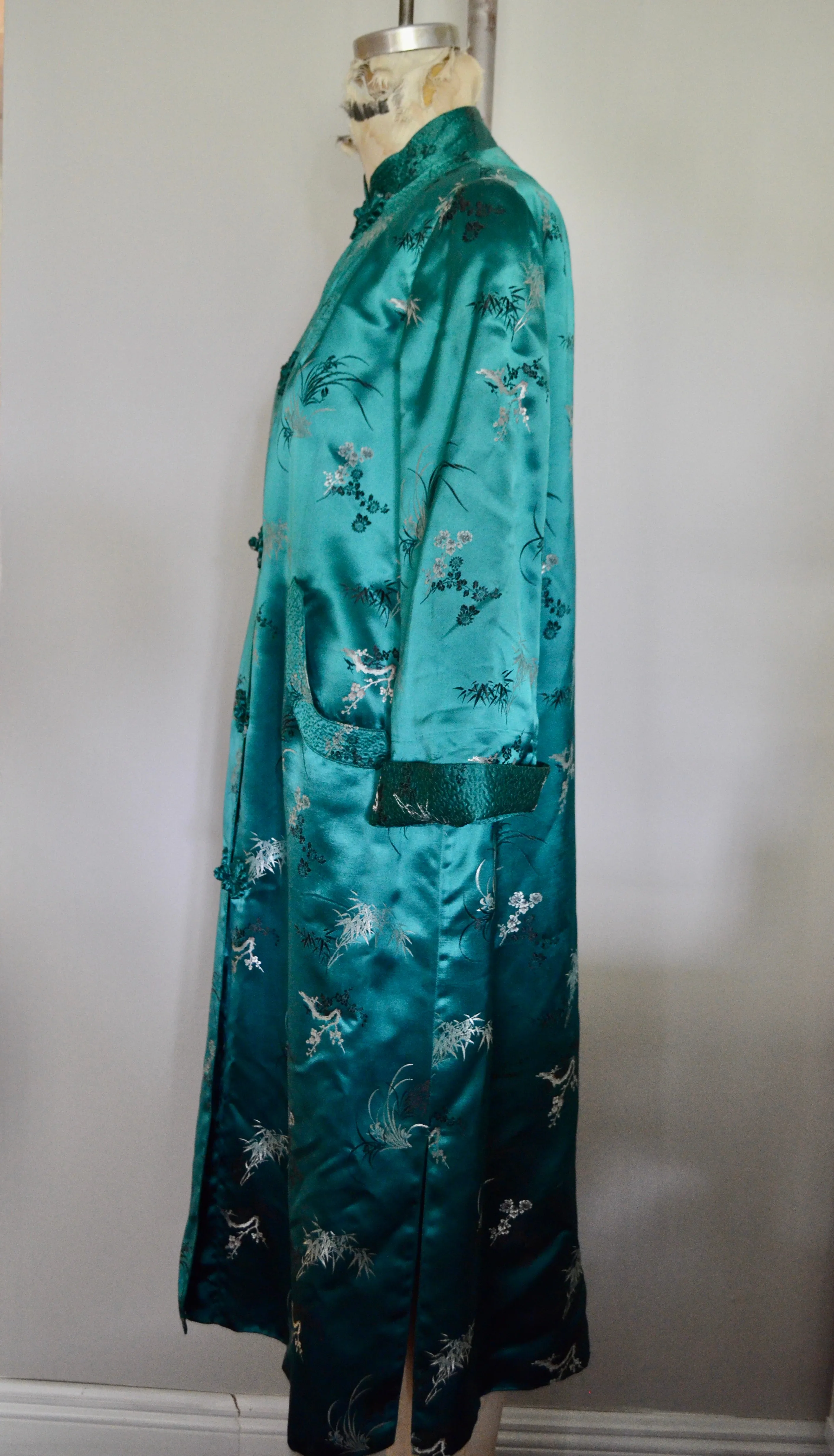 Kimono Chinese Street Style Emerald Green Long Maxi Coat Floral Pattern Cape Dress Jacket Style