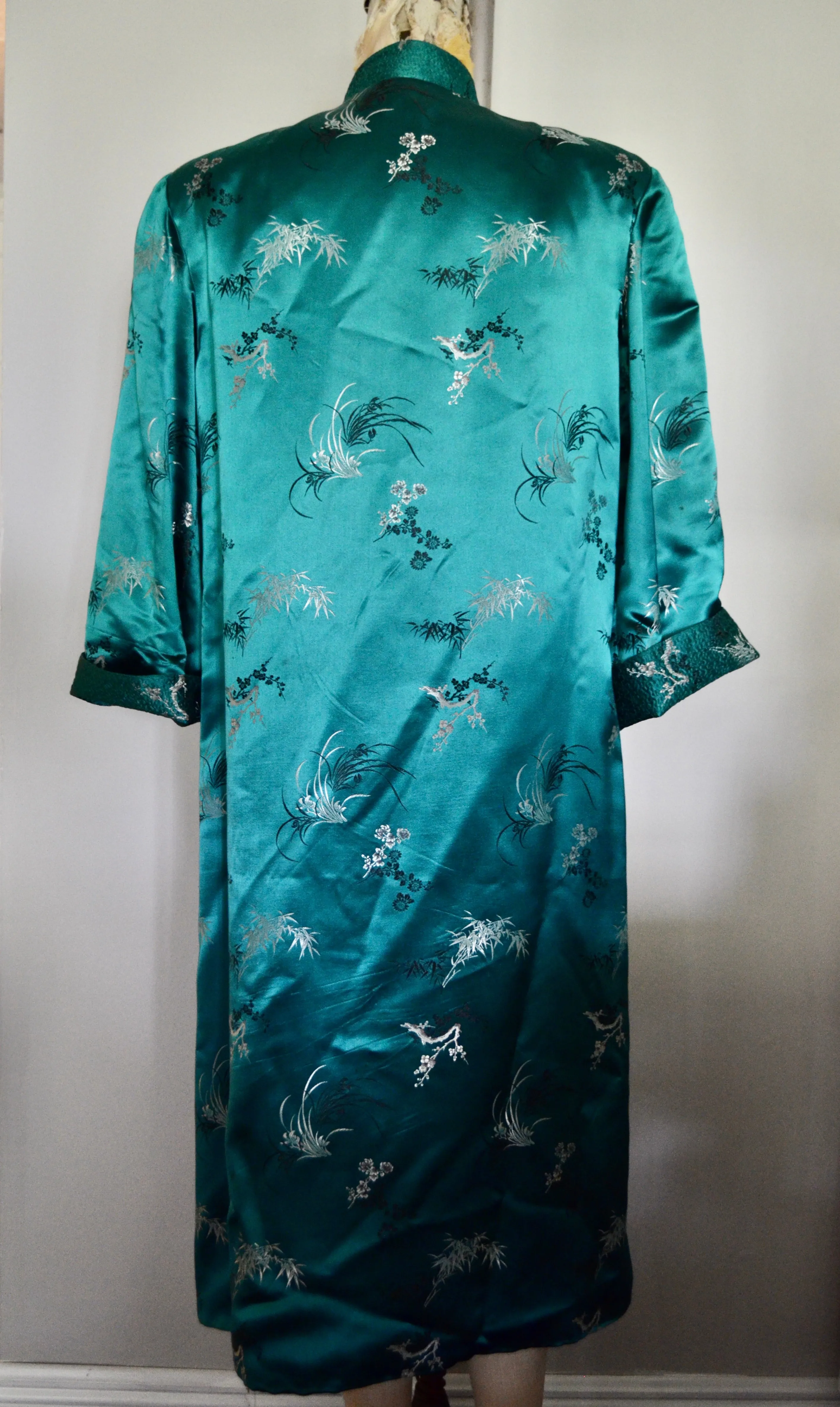 Kimono Chinese Street Style Emerald Green Long Maxi Coat Floral Pattern Cape Dress Jacket Style