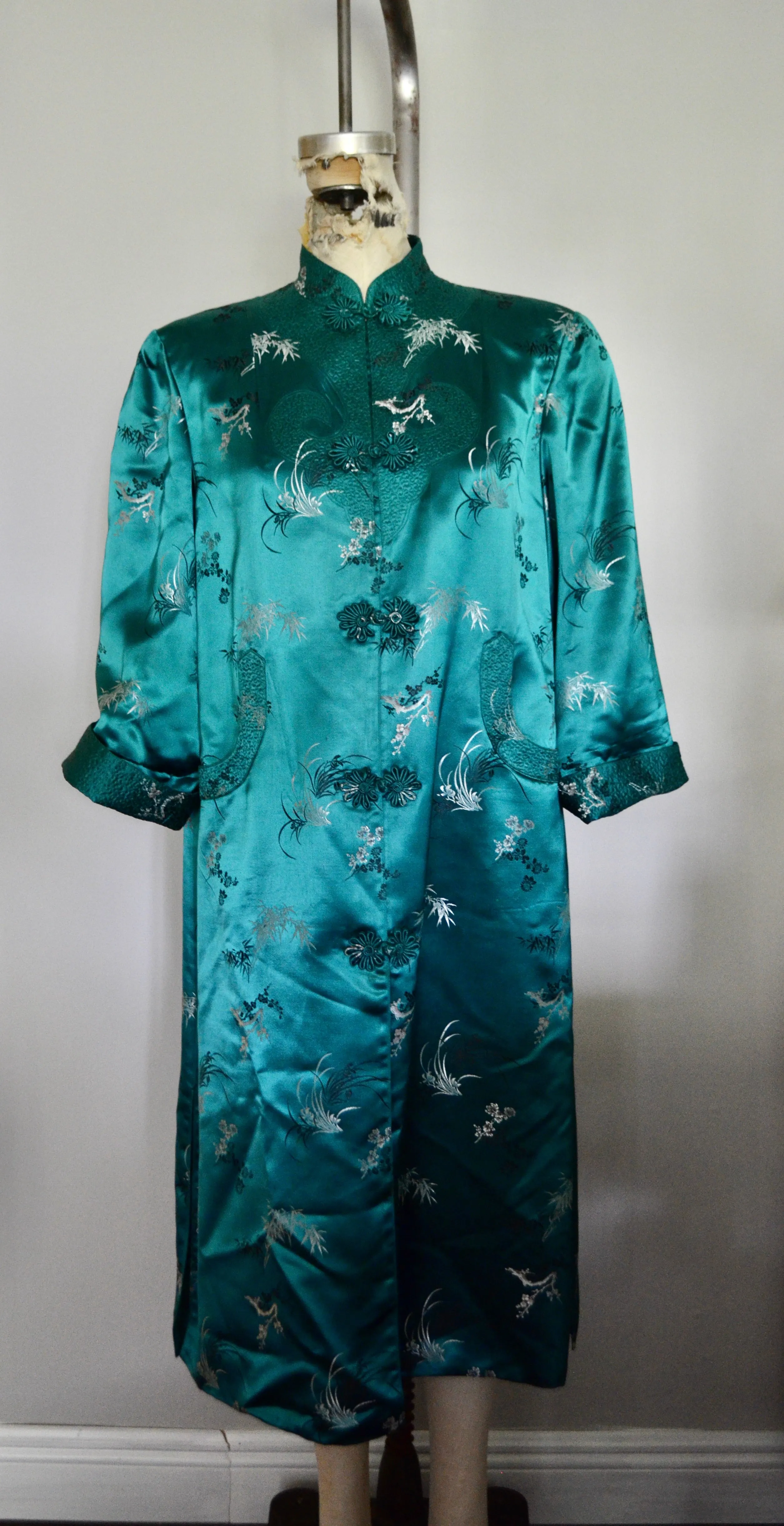Kimono Chinese Street Style Emerald Green Long Maxi Coat Floral Pattern Cape Dress Jacket Style