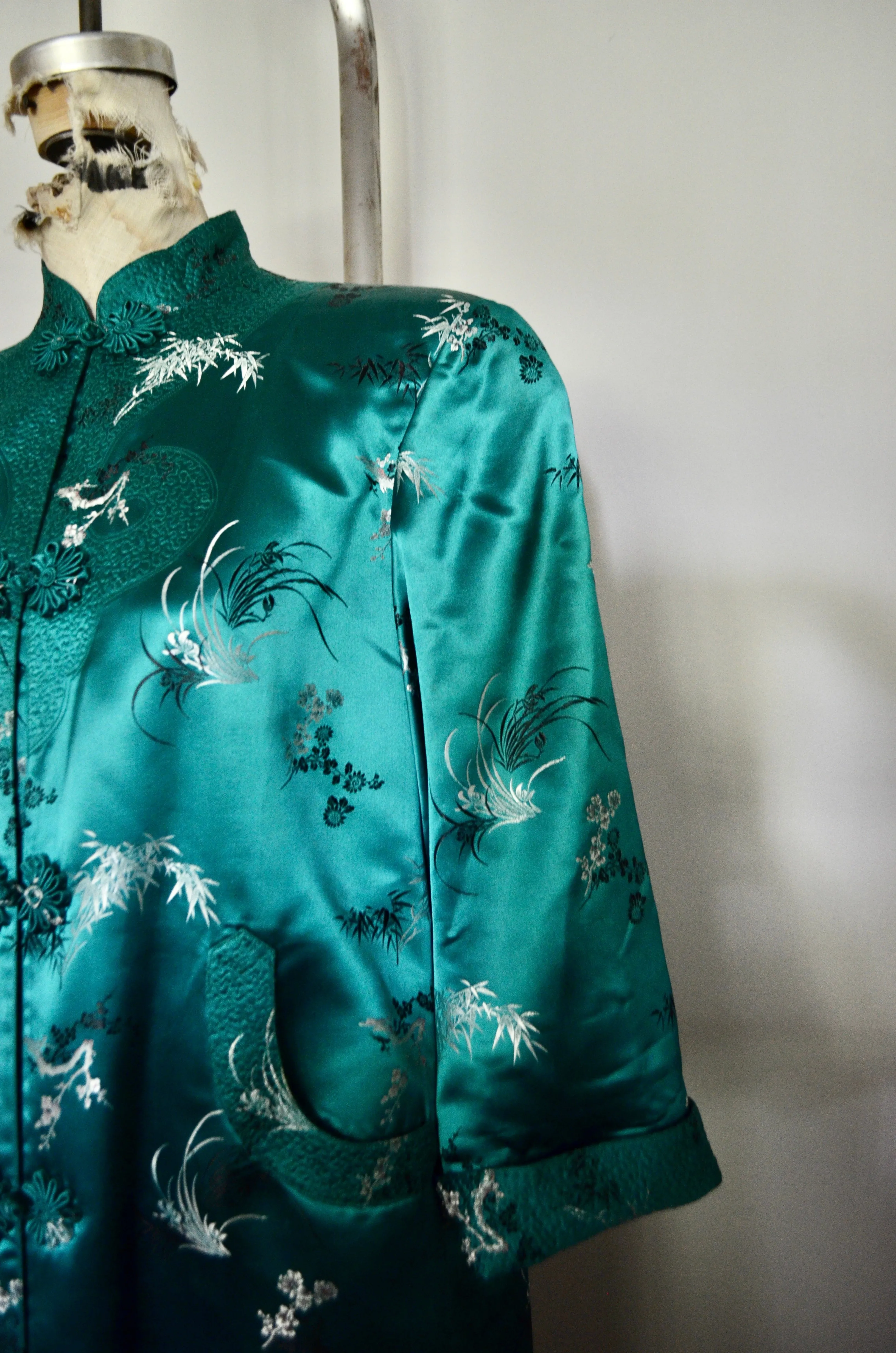 Kimono Chinese Street Style Emerald Green Long Maxi Coat Floral Pattern Cape Dress Jacket Style